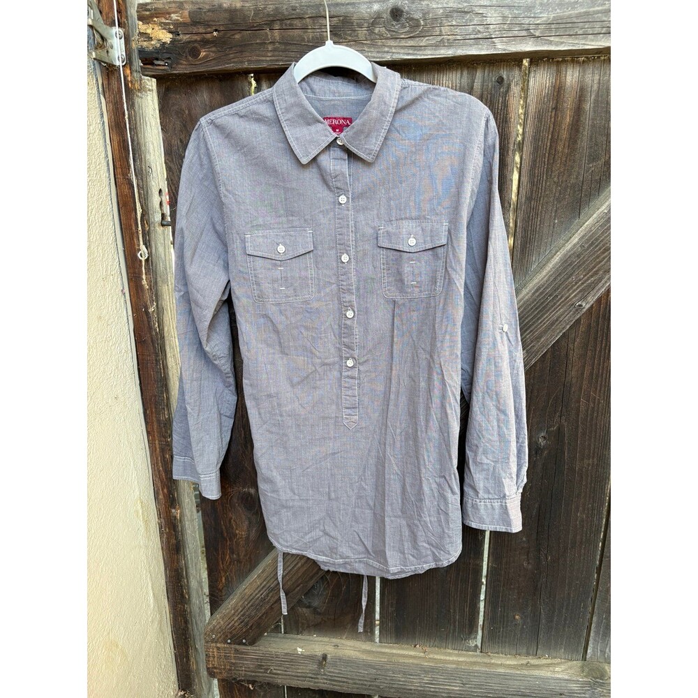 Merona gray cotton long-sleeve button-down tunic shirt